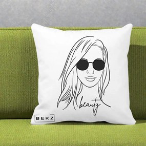 Perna Decorativa Beauty Girl Line Art, 40x40 cm, Alba Mata, Husa Detasabila, Perna Inclusa, BEKZ®