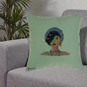 Perna Decorativa Portret Femeie Etnic Colorat, 40x40 cm, Verde, Husa Detasabila, Perna Inclusa, BEKZ®