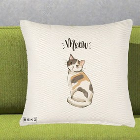 Perna Personalizata Pisica Meow Acuarela, 40x40 cm, Crem Reliefat, Husa Detasabila, Perna Inclusa, BEKZ®