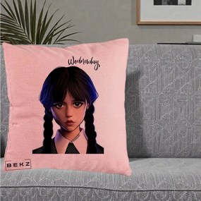 Perna Personalizata Wednesday Addams Portret Realist, 40x40 cm, Roz, Husa Detasabila, Perna Inclusa, BEKZ®