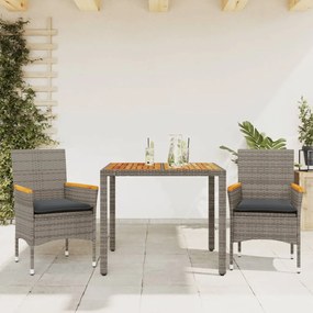 3278633 vidaXL Set mobilier grădină cu perne 3 piese gri poliratan/lemn acacia