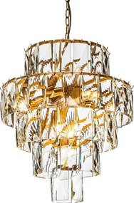 Candelabru rotund din metal, auriu, cu cristale dreptunghiulare din sticlă, 12 becuri și lanț reglabil, 65 x 60 cm, „Basilio”
