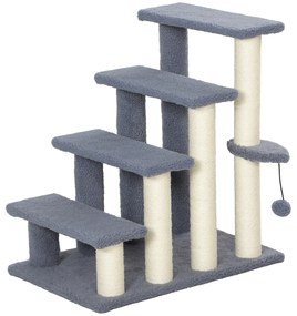 PawHut Scara pentru Pisici de 4 Nivele Acoperit cu Franela Stalp de Zgarci Bola Agatatoare 60x40x64 cm Gri | Aosom Romania