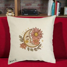 Perna Personalizata Luna Boho Chip Floral, 40x40 cm, Ecru, Husa Detasabila, Perna Inclusa, BEKZ®