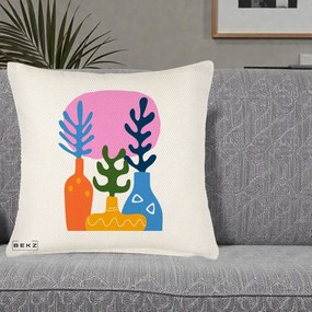 Perna Decorativa Vaze Botanice Abstract, 40x40 cm, Crem Reliefat, Husa Detasabila, Perna Inclusa, BEKZ®