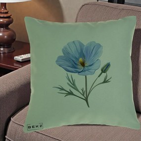 Perna Decorativa Mac Albastru Acuarela, 40x40 cm, Verde, Husa Detasabila, Perna Inclusa, BEKZ®