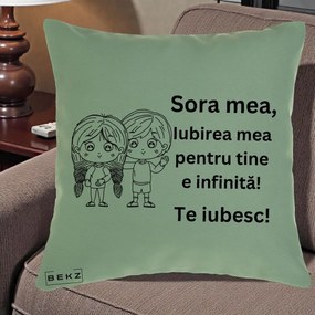 Cadou pentru Sora - Perna Personalizata Sora Mea Te Iubesc Copii Anime Line Art, 40x40 cm, Verde, Husa Detasabila, Perna Inclusa, BEKZ®