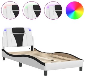 3214000 vidaXL Cadru de pat cu lumini LED alb/negru 90x200 cm piele ecologică