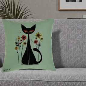 Perna Decorativa Pisica Neagra Ochi Rosii Flori, 40x40 cm, Verde, Husa Detasabila, Perna Inclusa, BEKZ®