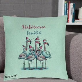 Perna Decorativa Flamingo Craciun Sarbatoarea Familiei, 40x40 cm, Verde Menta, Husa Detasabila, Perna Inclusa, BEKZ®