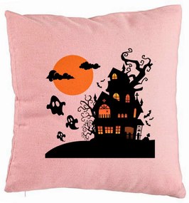 Perna Decorativa cu motiv de Halloween 4, 40x40 cm, Roz, Husa Detasabila, Burduf