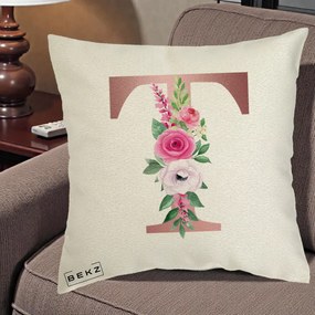 Cadou Personalizat - Perna Personalizata Monograma Rose Gold Litera T, 40x40 cm, Ecru, Husa Detasabila, Perna Inclusa, BEKZ®