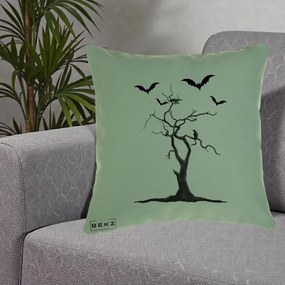 Perna Decorativa Halloween Copac cu Lilieci Alb-Negru, 40x40 cm, Verde, Husa Detasabila, Perna Inclusa, BEKZ®
