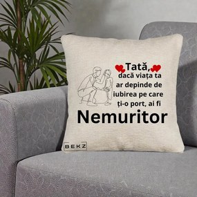 Cadou pentru Tata - Perna Personalizata Tata Nemuritor Baietel, 40x40 cm, Bej Canapea, Husa Detasabila, Perna Inclusa, BEKZ®