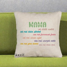 Cadou pentru Mama - Perna Personalizata Mama Cel Dintai Cuvant cu Text Colorat Multicolor, 40x40 cm, Bej Canapea, Husa Detasabila, Perna Inclusa, BEKZ®