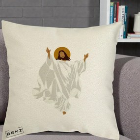 Perna Decorativa Iisus Hristos Invierea Silueta Minimalista, 40x40 cm, Ecru, Husa Detasabila, Perna Inclusa, BEKZ®