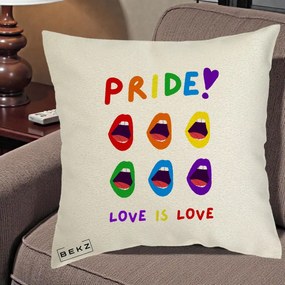 Perna Personalizata Pride Love is Love Curcubeu, 40x40 cm, Ecru, Husa Detasabila, Perna Inclusa, BEKZ®