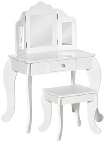 HOMCOM Coafatoare pentru Copii cu Taburet, oglindă triptică și Sertar Culisant - Dimensiuni Coafatoare 63L x 40l x 85,5H cm - Alb Acrilic | Aosom Romania