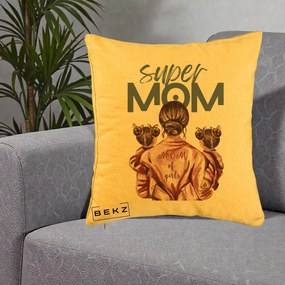 Cadou pentru Mama - Perna Personalizata Super Mom of Girls Mama cu Gemene, 40x40 cm, Galben, Husa Detasabila, Perna Inclusa, BEKZ®