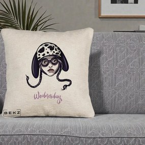 Perna Personalizata Wednesday Addams cu Caine Dalmatian, 40x40 cm, Bej Canapea, Husa Detasabila, Perna Inclusa, BEKZ®
