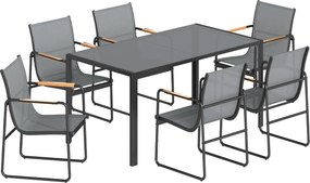 Outsunny Set masă și scaune pentru grădină cu masă din sticlă securizată și 6 scaune respirabile pentru terasă/patio, gri | Aosom Romania