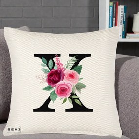 Cadou Personalizat - Perna Personalizata Monograma Florala Litera X cu Buchet, 40x40 cm, Crem Reliefat, Husa Detasabila, Perna Inclusa, BEKZ®