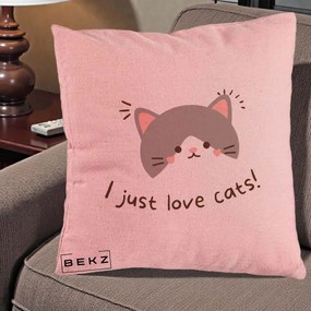 Perna Personalizata I Just Love Cats Pisica Kawaii, 40x40 cm, Roz, Husa Detasabila, Perna Inclusa, BEKZ®