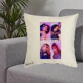Perna Personalizata K-pop BLACKPINK Poster Colaj 4 Membre Violet Roz, 40x40 cm, Ecru, Husa Detasabila, Perna Inclusa, BEKZ®