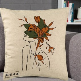 Perna Decorativa Portret Feminin Crin Auriu, 40x40 cm, Bej, Husa Detasabila, Perna Inclusa, BEKZ®