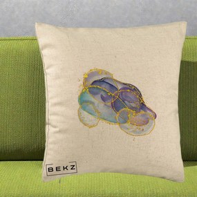 Perna Decorativa Abstract Acuarela Albastru-Mov cu Cercuri Aurii, 40x40 cm, Bej, Husa Detasabila, Perna Inclusa, BEKZ®