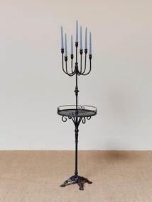 Măsuță laterală înaltă din metal, negru, cu sfeșnic cu 7 brațe, tavă rotundă și bază turnată, finisaj antichizat, 148 x 42 cm, „Perla”