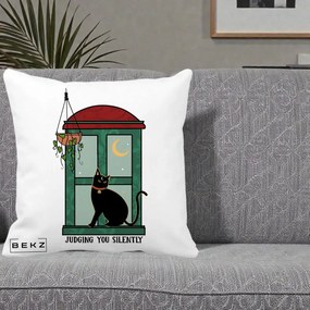 Perna Decorativa Judging You Silently Pisica Geam, 40x40 cm, Alba Mata, Husa Detasabila, Perna Inclusa, BEKZ®