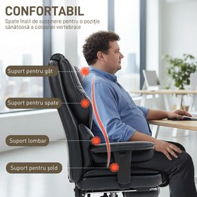 HOMCOM Scaun de birou cu suport pentru picioare și tetieră, din piele PU, spumă și metal, 76x73x117-125 cm, negru | Aosom Romania