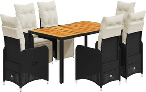 vidaXL Set bistro de grădină, 7 piese, cu perne, negru, poliratan