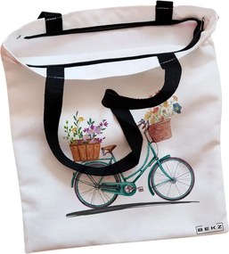 Sacosa de Panza pentru Cumparaturi, Geanta Tote, model Artistic Bicycle, Cu fermoar, 38x34.5 cm, Alba, BEKZ®