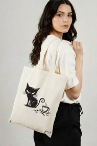Sacosa de Panza pentru Cumparaturi, Geanta Tote, model Purrfectly Brewed 38 x 34.5 cm, Alba, BEKZ®