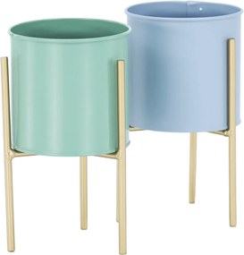 Set 2 ghivece metalice, albastru/neo mentă/auriu, ROZEL SET