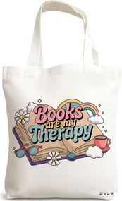 Sacosa de Panza pentru Cumparaturi, Geanta Tote, model Books are my therapy 38 x 34.5 cm, Alba, BEKZ®