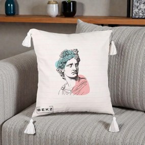 Perna Decorativa Bust Grec Vaporwave, 40x40 cm, Bej cu Franjuri, Husa Detasabila, Perna Inclusa, BEKZ®