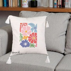 Perna Decorativa Flori Grafice Roz-Rosu-Albastru, 40x40 cm, Bej cu Franjuri, Husa Detasabila, Perna Inclusa, BEKZ®