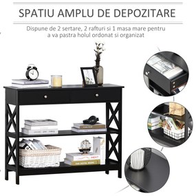 HOMCOM Masa Consola cu 2 Sertare si 2 Rafturi Mobile pentru Intrare si Living 100x30.5x80cm, Neagra