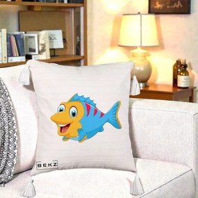 Perna Decorativa Peste Vesel Cartoon, 40x40 cm, Bej cu Franjuri, Husa Detasabila, Perna Inclusa, BEKZ®