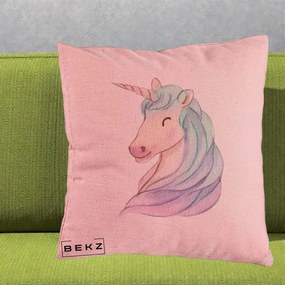 Perna Decorativa Unicorn Acuarela Pastel, 40x40 cm, Roz, Husa Detasabila, Perna Inclusa, BEKZ®