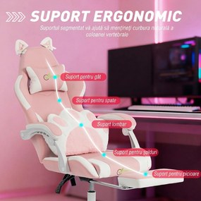 Vinsetto Scaun Gaming Ergonomic cu Urechi de Pisică, Fotoliu Gaming Birou Reclinabil din Piele Eco cu Suport pentru Picioare, Tetieră și Înălțime Reglabilă, Suport Lombar și Cervical, Roz | Aosom Romania