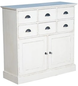 Comoda alba, din lemn de pin, cu 6 sertare si 2 usi, aspect vintage, Country