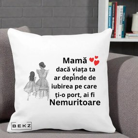 Cadou pentru Mama - Perna Personalizata Mama Nemuritoare Line Art, 40x40 cm, Alba Mata, Husa Detasabila, Perna Inclusa, BEKZ®