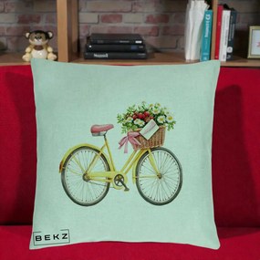 Perna Decorativa Bicicleta Galbena cu Cos de Flori Primavara, 40x40 cm, Verde Menta, Husa Detasabila, Perna Inclusa, BEKZ®