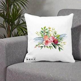 Perna Decorativa Buchet Flori Acuarela Roz-Verde, 40x40 cm, Alba Mata, Husa Detasabila, Perna Inclusa, BEKZ®