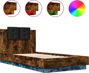 vidaXL Cadru de pat cu tăblie și lumini LED, stejar fumuriu, 90x190 cm