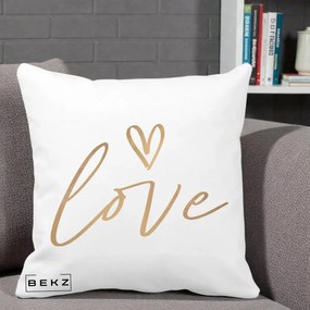 Perna Decorativa Love Caligrafie Aurie, 40x40 cm, Alba Mata, Husa Detasabila, Perna Inclusa, BEKZ®